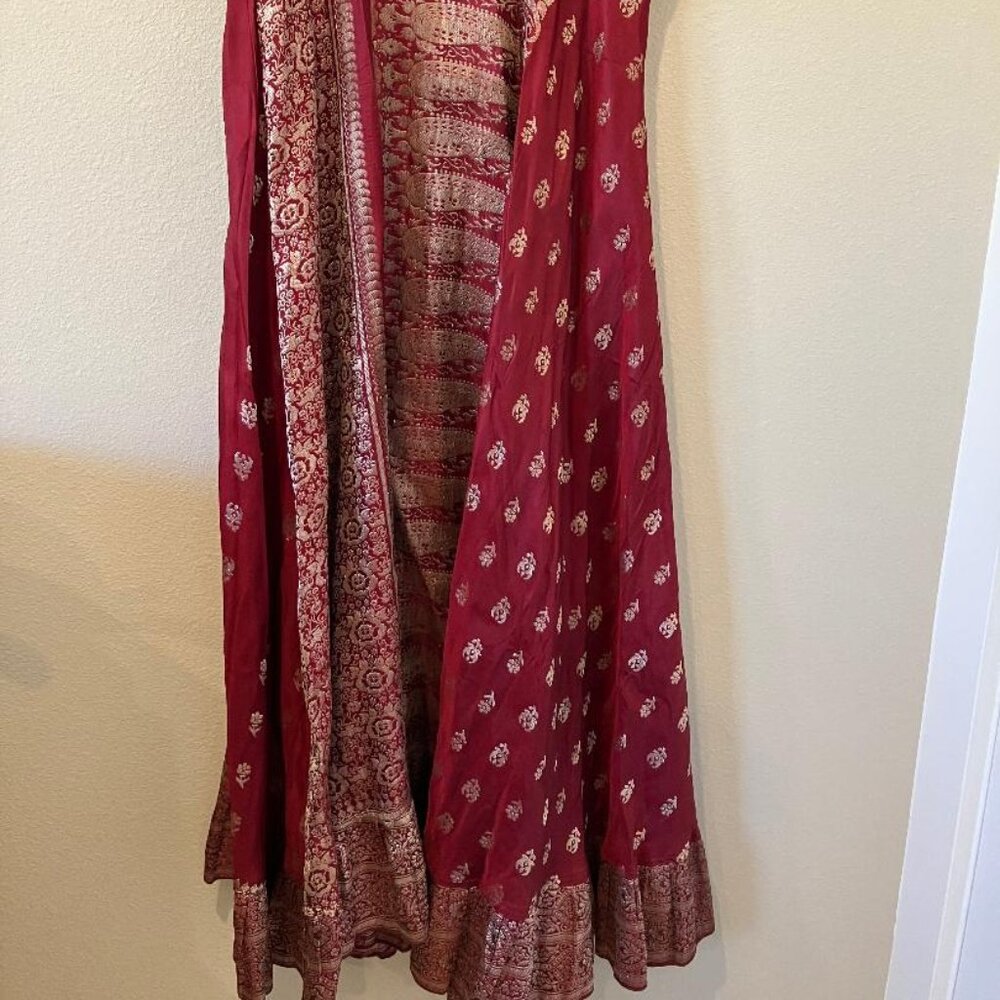 Upcycled Silk Saree Skirt - Berry color with white-gold floral brocade (medium)